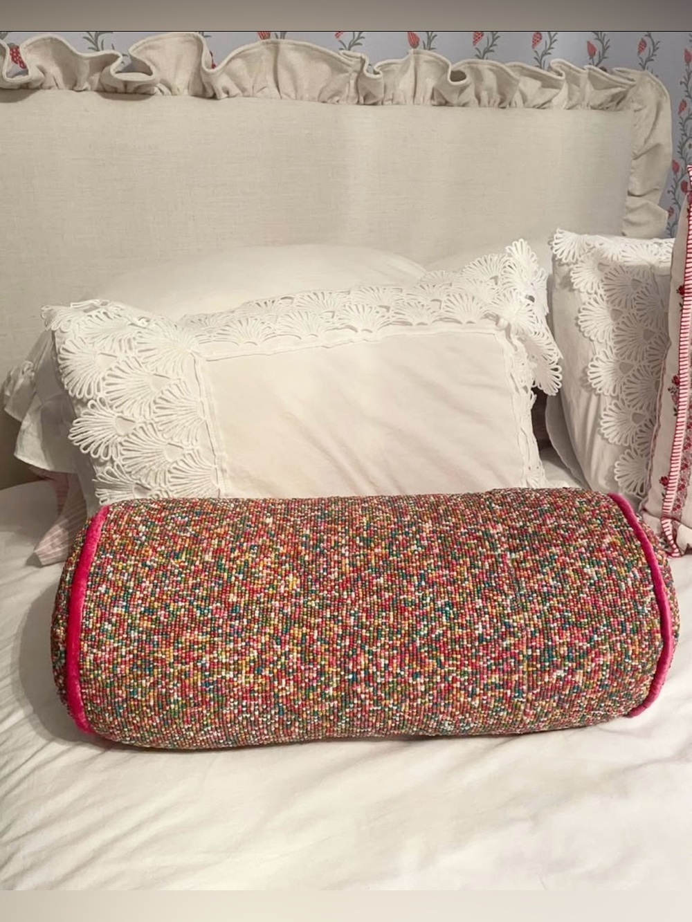 Multicolor Beaded Bolster Pillow w/ Pink Velvet Trim